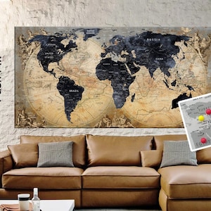 Toile vintage carte du monde à épingles, carte de voyage en toile, punaises, carte du monde détaillée, toile de carte du monde bleu foncé