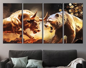 Gold bull and bear trading decor, Market exchange prints, Crypto canvas print, Trader motivation, Financial market art, Trader office decor