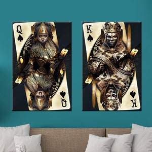 Art mural roi et reine de pique cartes à jouer, impression sur toile roi, décor imprimé poker, lot de 2 panneaux