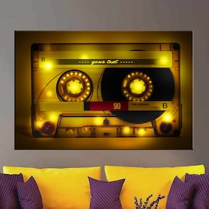 Shiny Retro Cassette Print, Audio Cassette wall decor for home, Personal text on canvas, Individual, Canvas printing without electricity