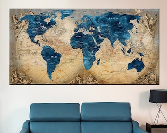 Vintage Blue World Map canvas, Canvas Travel Map, Detailed World Map, Watercolor World Map Canvas, World Map wall art