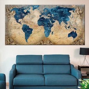 Vintage Blue World Map canvas, Canvas Travel Map, Detailed World Map, Watercolor World Map Canvas