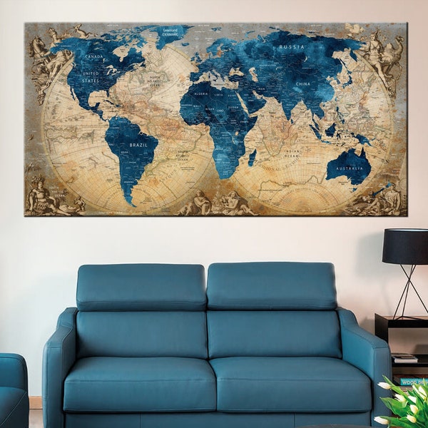 Vintage Blue World Map canvas, Canvas Travel Map, Detailed World Map, Watercolor World Map Canvas