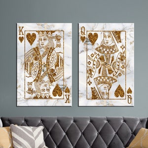 Art mural roi et reine jouant aux cartes dorés, impression sur toile roi, décor imprimé poker, lot de 2 panneaux