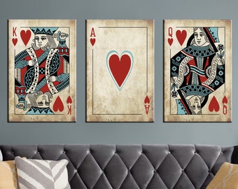King and Queen Playing Card Wall Art, Cards Vintage Print, King and Ace Wall Art Decor, Poker Room Decor, 3 PANELS SET