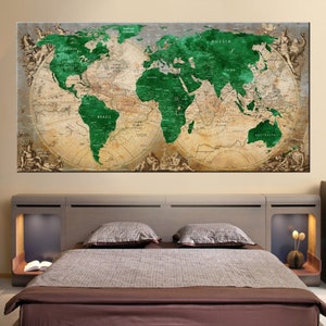Vintage Watercolor World Map canvas, Canvas Travel Map, Detailed World Map, Green World Map Canvas