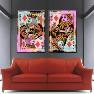 Art mural losanges roi et reine, impression sur toile roi, décor imprimé poker, lot de 2 panneaux