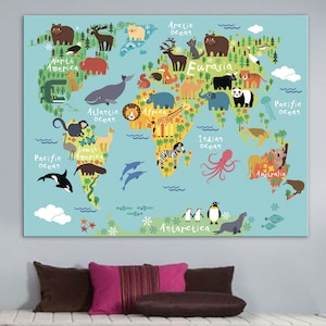 Carte du monde pour enfants, carte du monde en dessin animé pour enfants, animaux mappa del mondo bambini, cadeau à la crèche.
