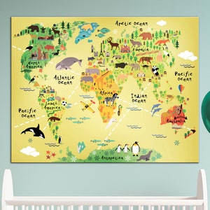 Sets Bedroom Wall Decor, Kids World Map Wall Art, Nursery Large Map Print, Kids Map Canvas Print