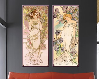 Alphonse Mucha Vintage Reproduction Print, Mucha Canvas Prints, Famous painting, Nymphs vintage decor, SET 2 PANELS