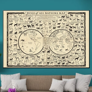 Toile de races de chiens, toile de carte de chiens de toutes les nations, art mural de carte de chiens, impression de grandes races de chiens, carte vintage de chiens