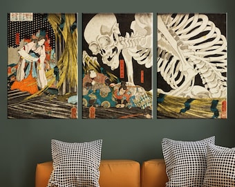 Takiyasha Witch and Skeleton Spectre Canvas Print, Ukiyo-e Japanese Art, 3 Panel Set