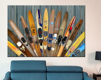 Water Vintage Wooden Skis Canvas, Water Wooden Skis Wall Art, Water Old Skis Wall Decor, Sports Print, Sports Wall Art Decor