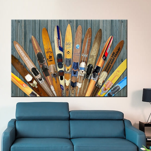 Water Vintage Wooden Skis Canvas, Water Wooden Skis Wall Art, Water Old Skis Wall Decor, Sports Print