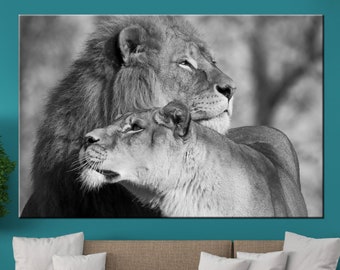 Lions Wall art, Lion canvas, lion love canvas, black white lions wall art, pair of lions print, lions for a gift