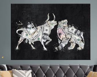 Bull and Bear Wall Art, Market Exchange modern print, Dollars decor, Trader canvas, Gift for a businessman, large canvas