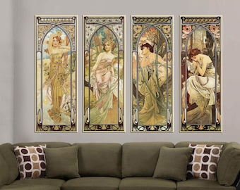 Alphonse Mucha Canvas Print | Times of Day Set of 4 | Art Nouveau Wall Art | Mucha Reproduction | Vintage Women Print