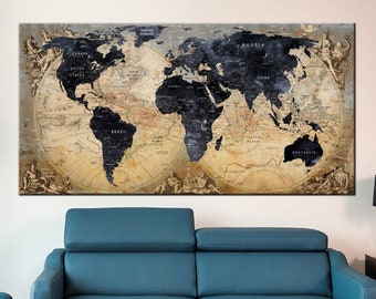 Vintage World Map canvas, Canvas Travel Map, Detailed World Map, Dark Blue World Map Canvas