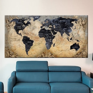 toile de carte du monde vintage, carte de voyage en toile, carte du monde détaillée, toile de carte du monde bleu foncé