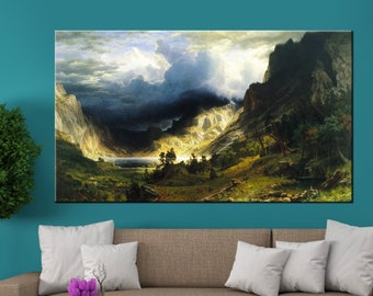 Storm in the Rocky Mountains Albert Bierstadt Canvas Print, Vintage Landscape Reproduction Prints, Vintage Forest Landscape Painting