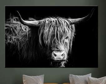 West Highland Cattle Cow print, Scandinavian decor, Highland cow black canvas, Rustic home decor, Scandinavian cow wall art