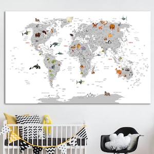 Carte du monde des animaux pour enfants, continent imprimé Atlas, carte du monde noir et blanc, décoration chambre d'enfant, animaux mappa del mondo bambini, cadeau pour la chambre d'enfant