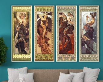 Alphonse Mucha Vintage Reproduction Print, Moon and Stars Canvas Print, SET 4 PANELS