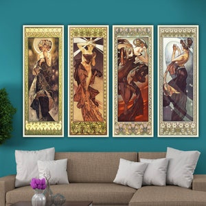 Alphonse Mucha Vintage Reproduction Print, Mucha Prints, Moon and Stars Canvas Print, Mucha Wall Decor, Mucha Canvas, SET 4 PANELS