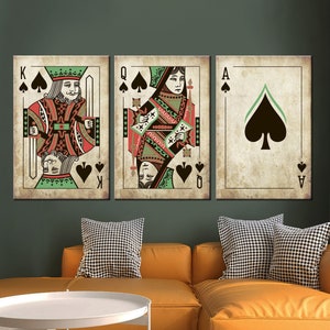 Art mural roi et reine pique aux cartes à jouer, impression vintage cartes, art mural roi et as, décoration de salle de poker, jeu de 3 panneaux