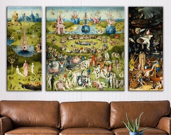 May include: A triptych painting depicting a lush garden with a fountain, a large tree, and a group of people. The middle panel shows a large, blue sphere in the sky. The right panel shows a dark, chaotic scene with a large, red dragon.