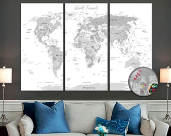 Push Pin Travel Map, Large Push Pin Black World Map, Detailed World Map Canvas, Push Pin USA Map, Office print, World Map large prints gift