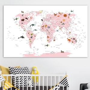 Toile rose, carte du monde, décoration pour chambre d'enfants