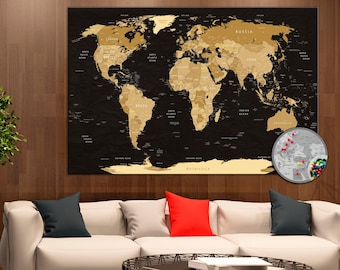 Large Push Pin Travel Map Gold Prints, Push Pin Black World Map, Detailed World Map Canvas, Push Pin USA Map, Push Pin Map Wall Decor