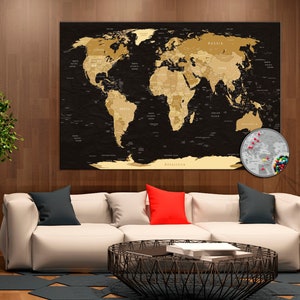 Grande carte de voyage avec punaises en or, carte du monde noire avec punaises, toile détaillée de carte du monde, carte des Etats-Unis avec punaises