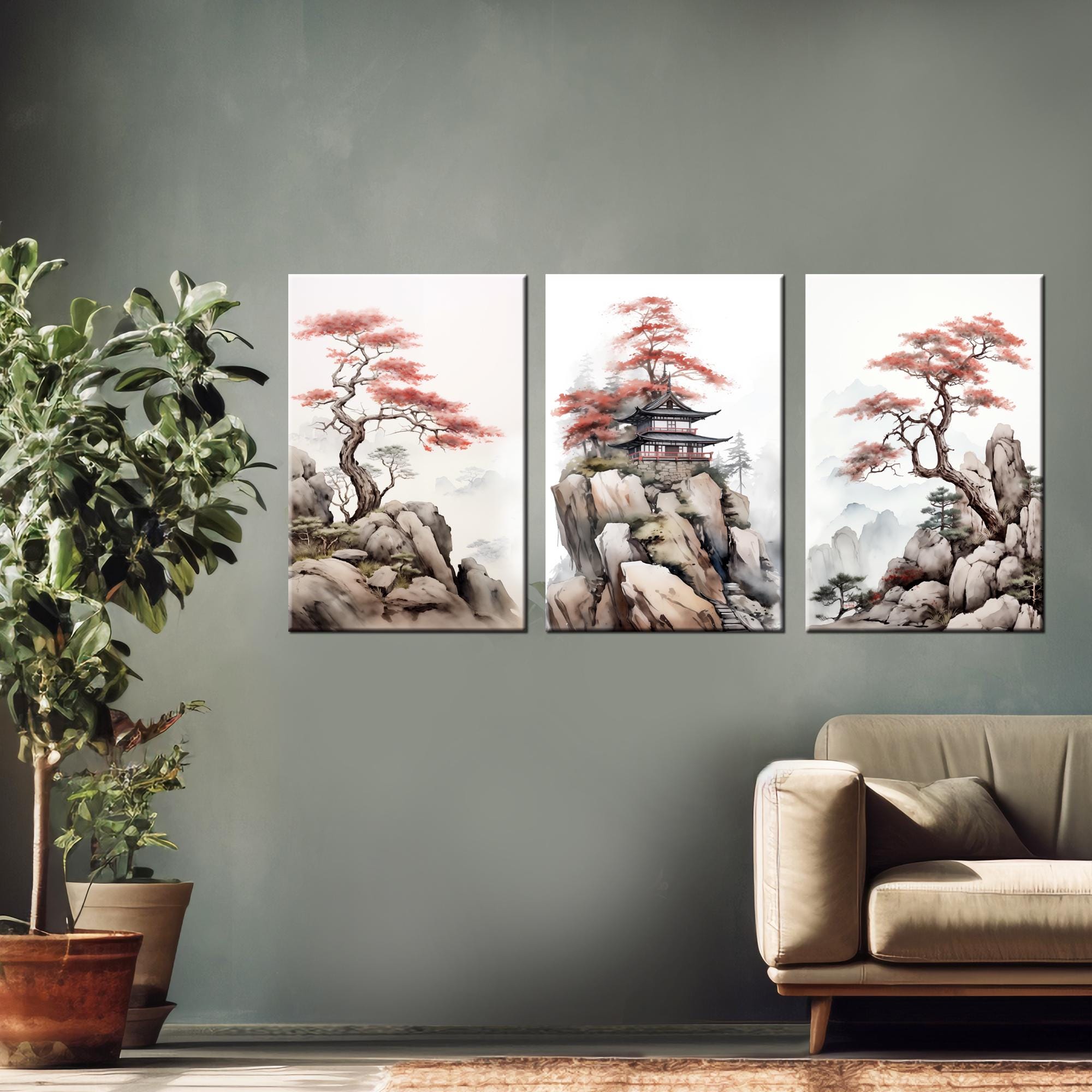 Japanese Landscape Canvas | Zen Wall Art Triptych | Sakura Mountain ...
