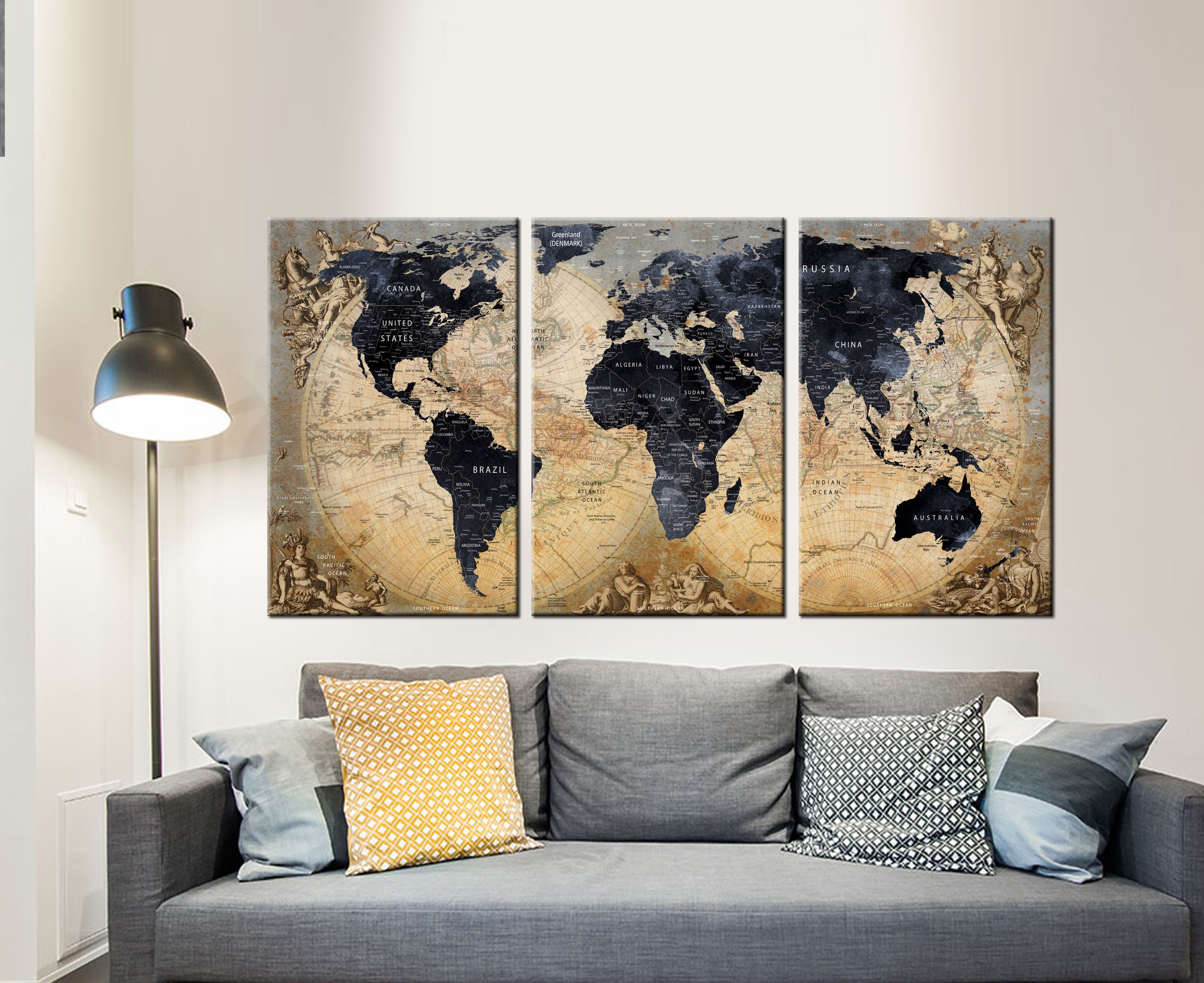 Vintage World Map Canvas Canvas Travel Map Detailed World Etsy