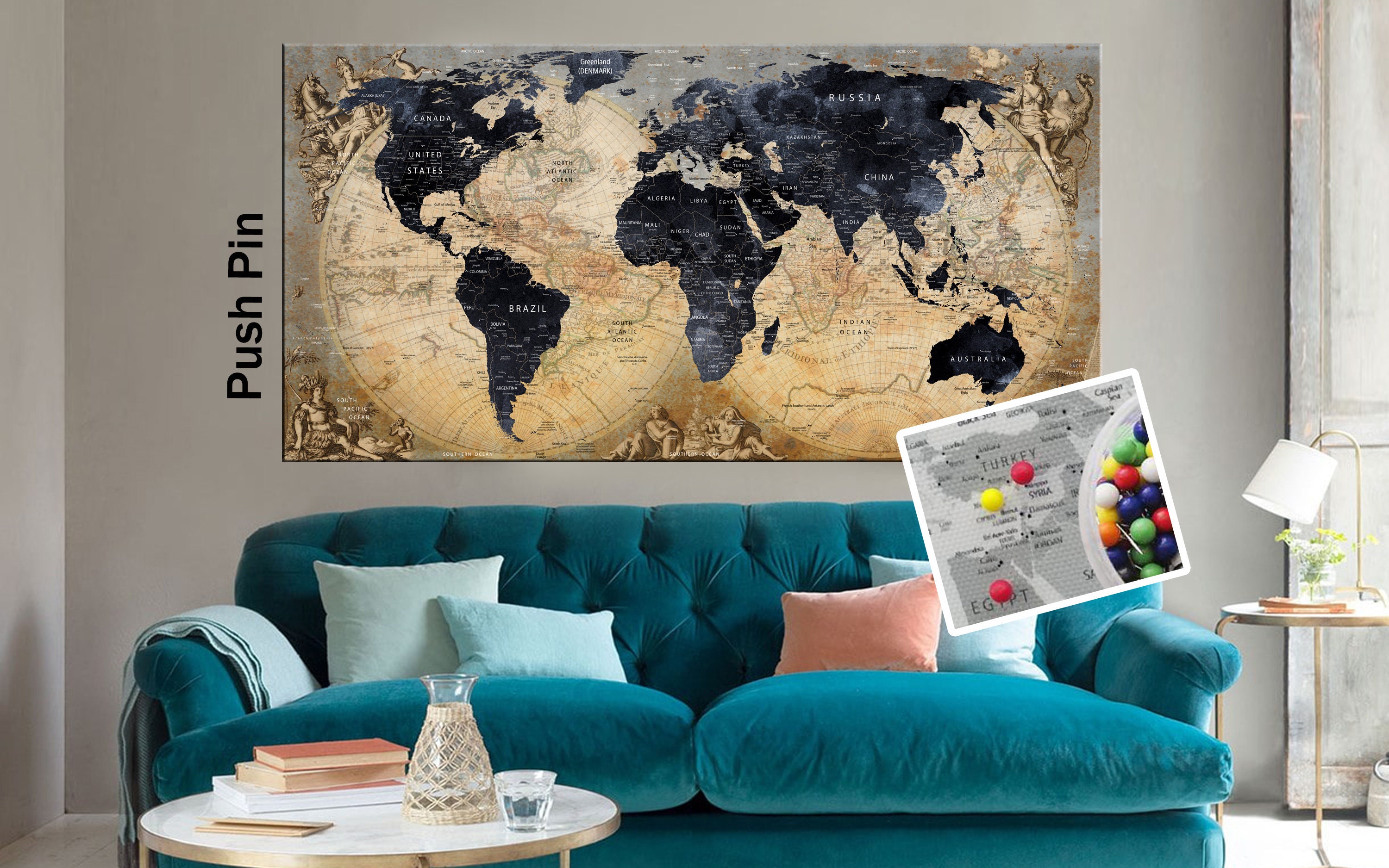 Push Pin Vintage World Map Painting, Travel Map Push Pin Canvas ...