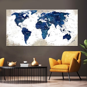 Impression sur toile de grande carte de voyageur, décoration murale de carte du monde bleu foncé, cadeau de carte de voyage, décoration de salle de classe, décoration murale de bureau, art de carte du monde à l'aquarelle