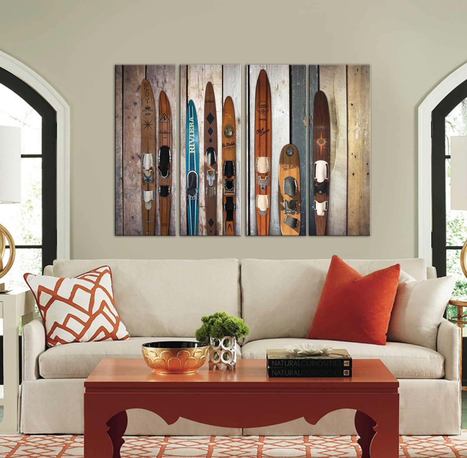 Water Vintage Wooden Skis Watercolor Print, Water Wooden Skis Painting
