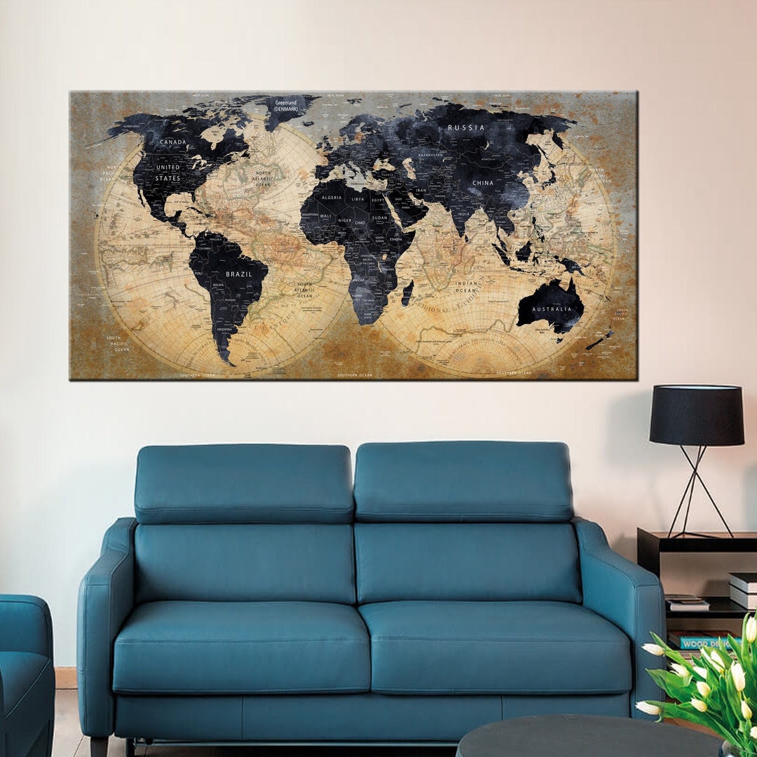 Vintage World Map Print, Travel Map Wall Decor, Detailed World Map ...
