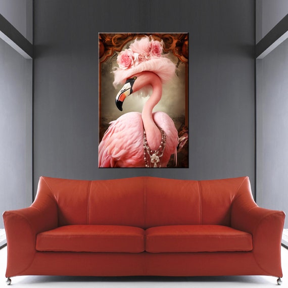 Pink flamingo bird canvas print, Flamingo Painting Print, Fashion Flamingo Wall Decor, Portrait Flamingo Artwork, Flamingo in Hat Painting
