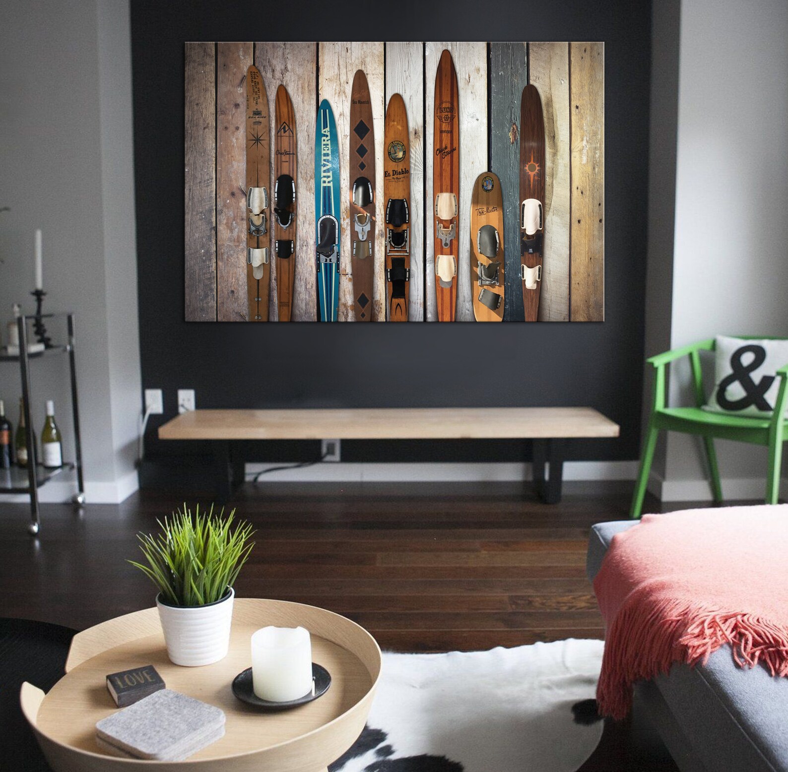 Water Vintage Wooden Skis Watercolor Print, Water Wooden Skis Painting