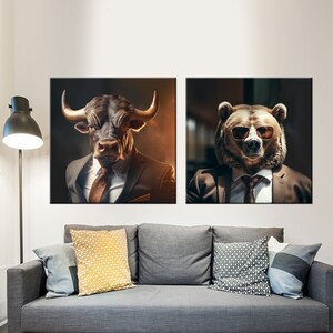 "Bull & Bear Seesaw" Stock Market Cartoon Print - Signed By Artist On Heavy Linen Paper, Finance Gift