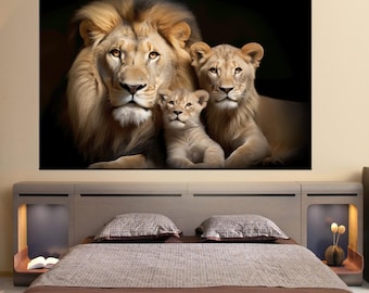Lion Family Prints, Tender Lioness Cub Painting Print, Safari Animal Nursery Decor, Wildlife Canvas, Boho Home Decor, African lions portrait