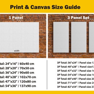 Pu&ograve; includere: Una guida alle dimensioni per le stampe su tela, che mostra diverse dimensioni per set di uno e tre pannelli. La guida include sia pollici che centimetri. 1 Pannello: 24"x16" / 60x40 cm, 28"x20" / 70x50 cm, 36"x24" / 90x60 cm, 40"x28" / 102x70 cm, 47"x32" / 120x80 cm, 54"x36" / 137x90 cm. Set di 3 pannelli: 36"x24" / Dimensione del pannello 12x24", 40"x28" / Dimensione del pannello 13x28", 47"x32" / Dimensione del pannello 16x32", 54"x36" / Dimensione del pannello 18x36", 60"x40" / Dimensione del pannello 20x40", 71"x47" / Dimensione del pannello 24x47", 82"x54" / Dimensione del pannello 27x54"