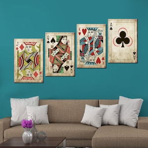 Jeu de 4 panneaux de cartes à jouer vintage, impression sur toile, art mural imprimé cartes à jouer, coeurs diamants pique trèfles, jeu de 4 panneaux