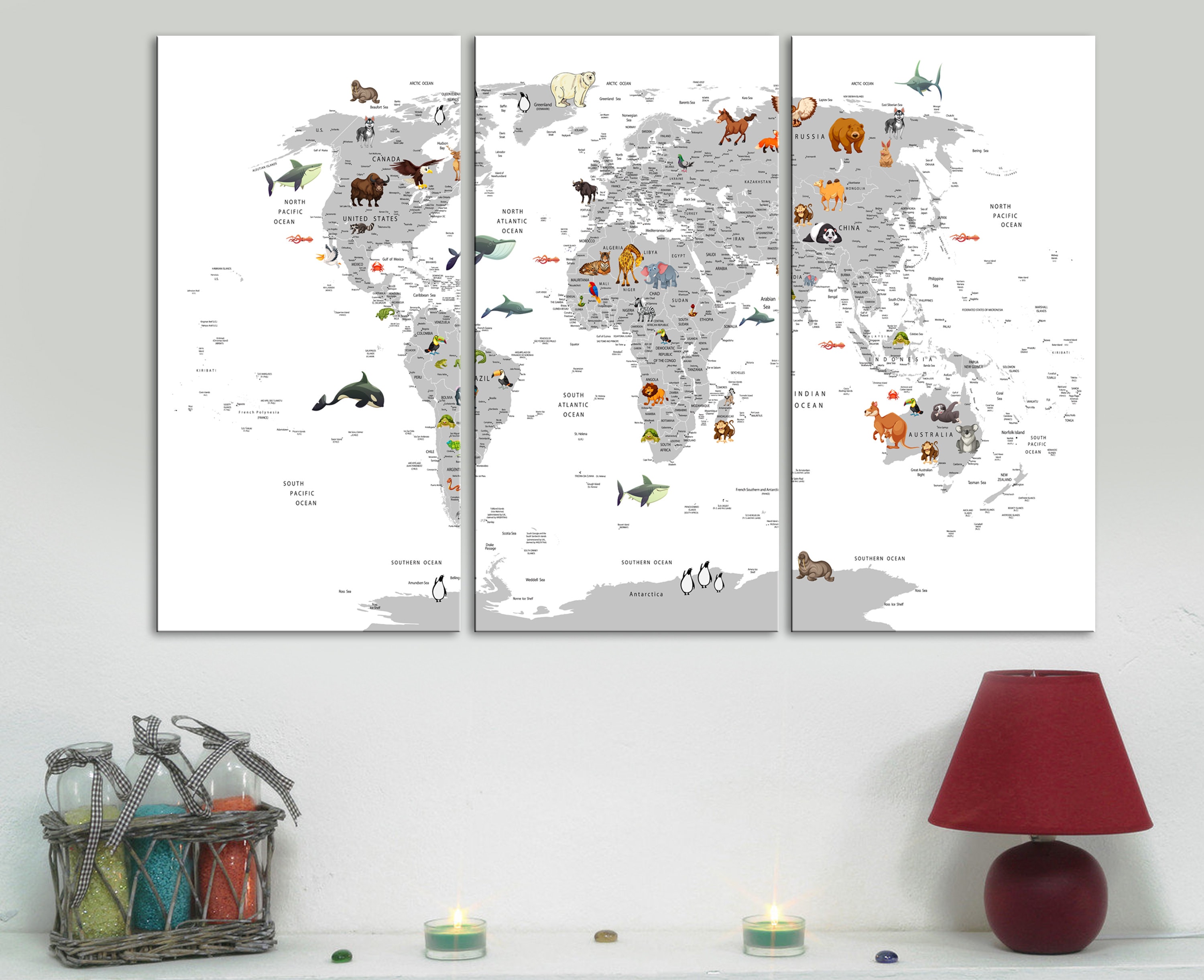 Animals World Map Print: Black & White Nursery Decor - Etsy UK