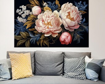 Peony Canvas Print | Dark Floral Wall Art | Pink Peonies on Black | Moody Botanical Decor, Bedroom Wall Art
