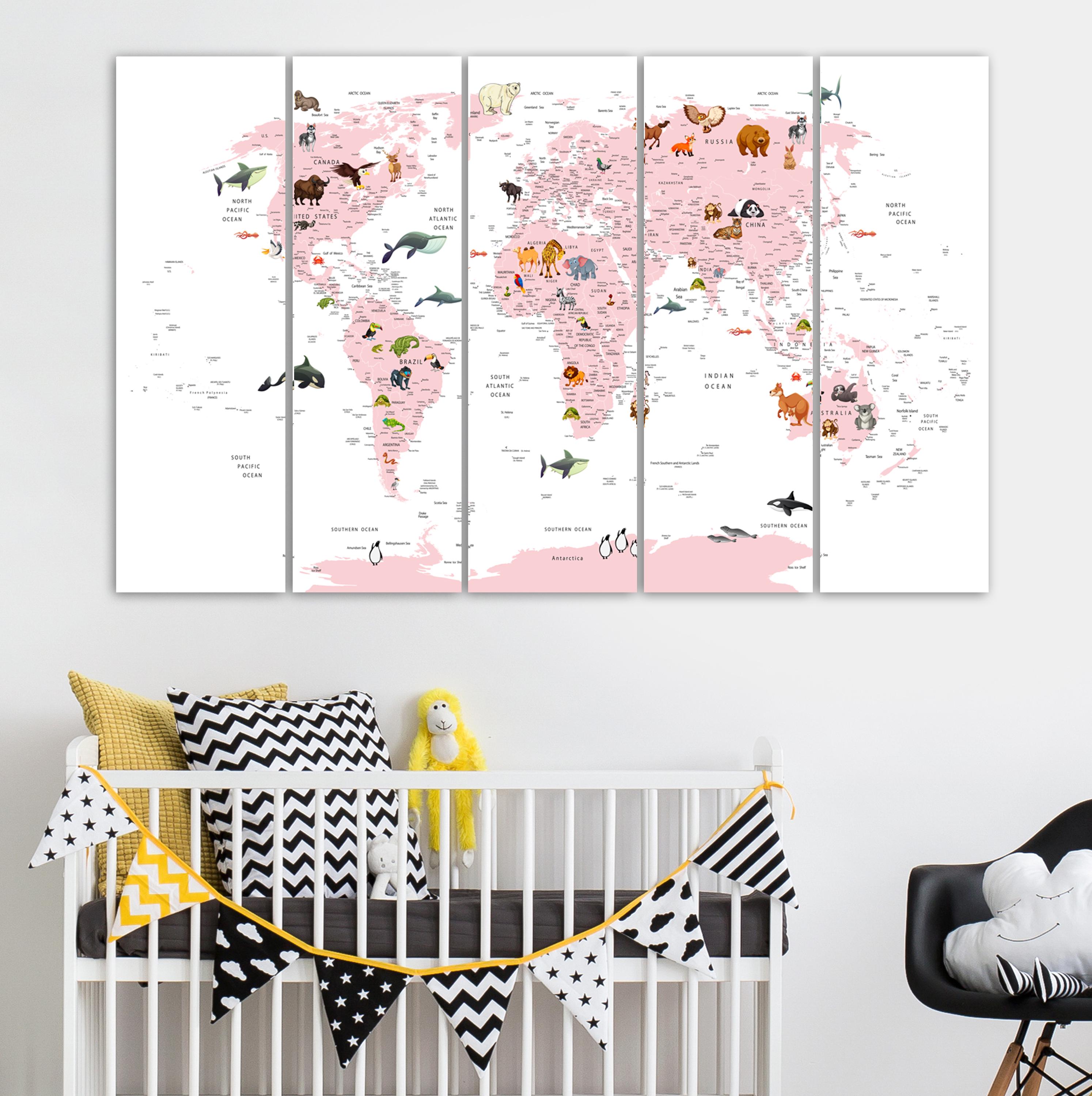 Animals World Map Canvas Print, Pink Nursery Decor - Etsy