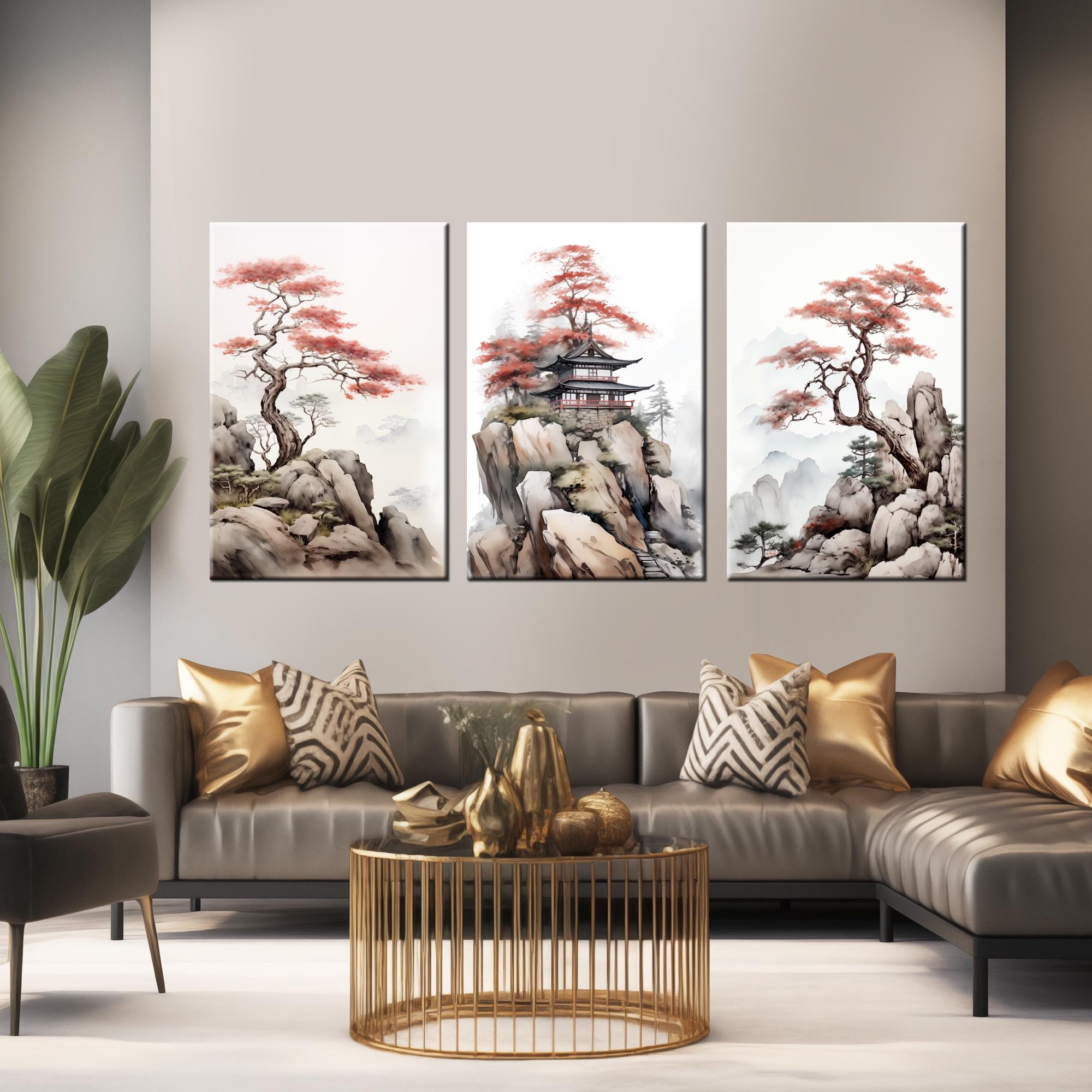 Japanese Landscape Canvas | Zen Wall Art Triptych | Sakura Mountain ...
